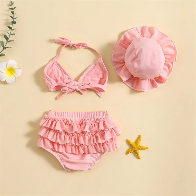 Fashion Summer Newborn Baby Girls Swimwear Bikini Set Cute Bowknot Hanging Neck Tops + Layered Ruffle Shorts + Hat Beachwear