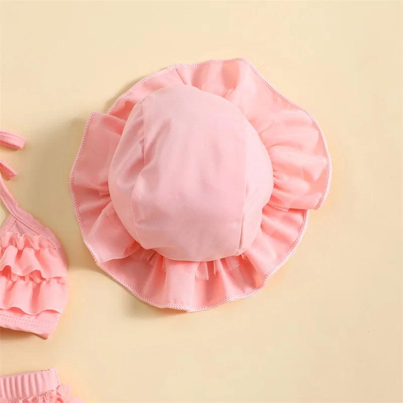 Fashion Summer Newborn Baby Girls Swimwear Bikini Set Cute Bowknot Hanging Neck Tops + Layered Ruffle Shorts + Hat Beachwear