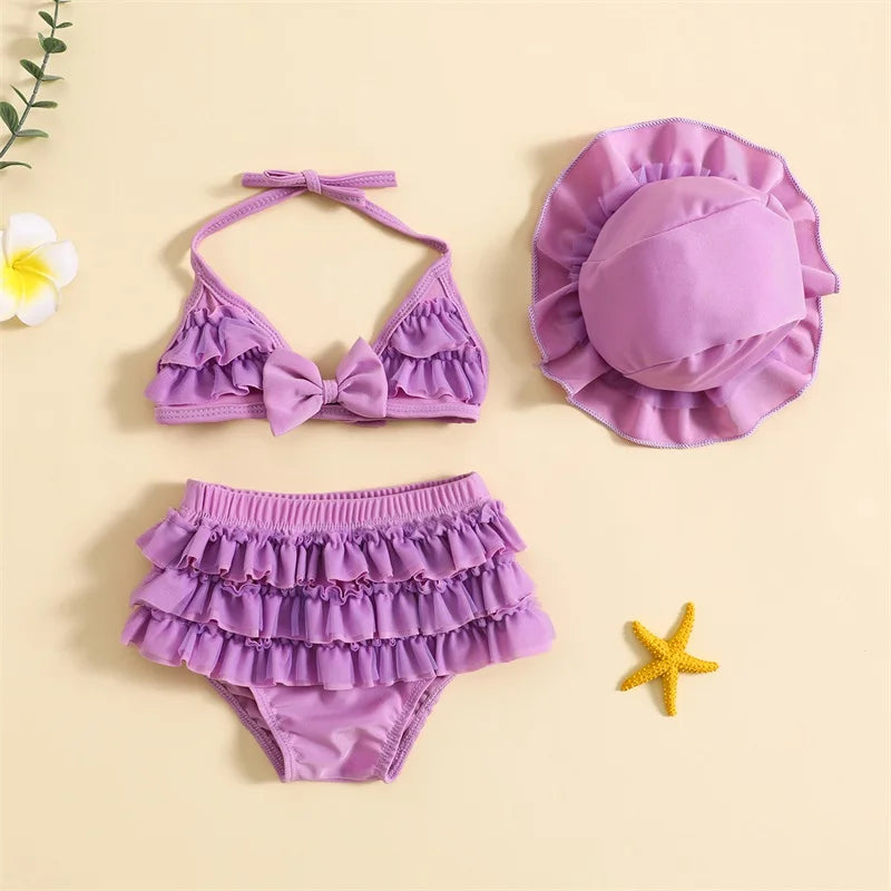 Fashion Summer Newborn Baby Girls Swimwear Bikini Set Cute Bowknot Hanging Neck Tops + Layered Ruffle Shorts + Hat Beachwear