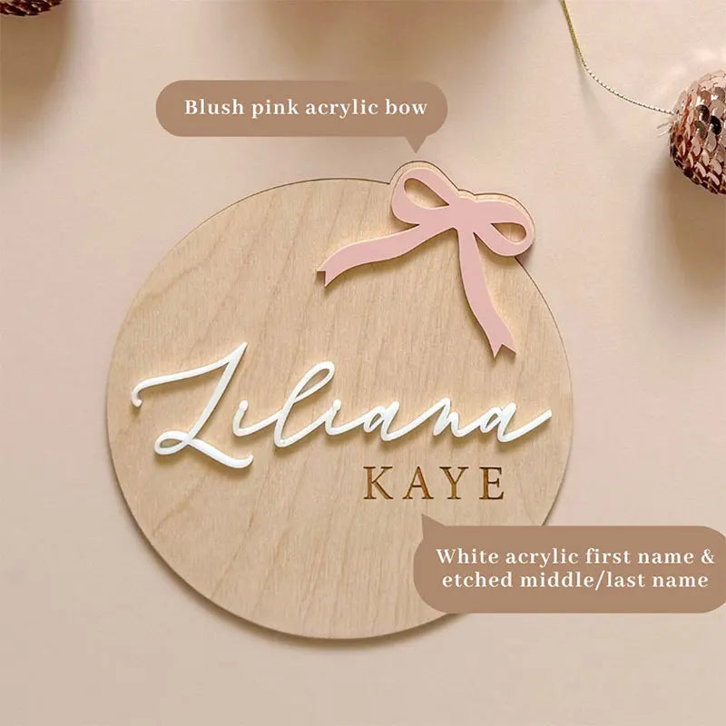 Personalized Pink Bow Baby Birth Announcement Sign Monthly Mark Girls Wooden Milestone Card Acrylic Name Newborn Photography