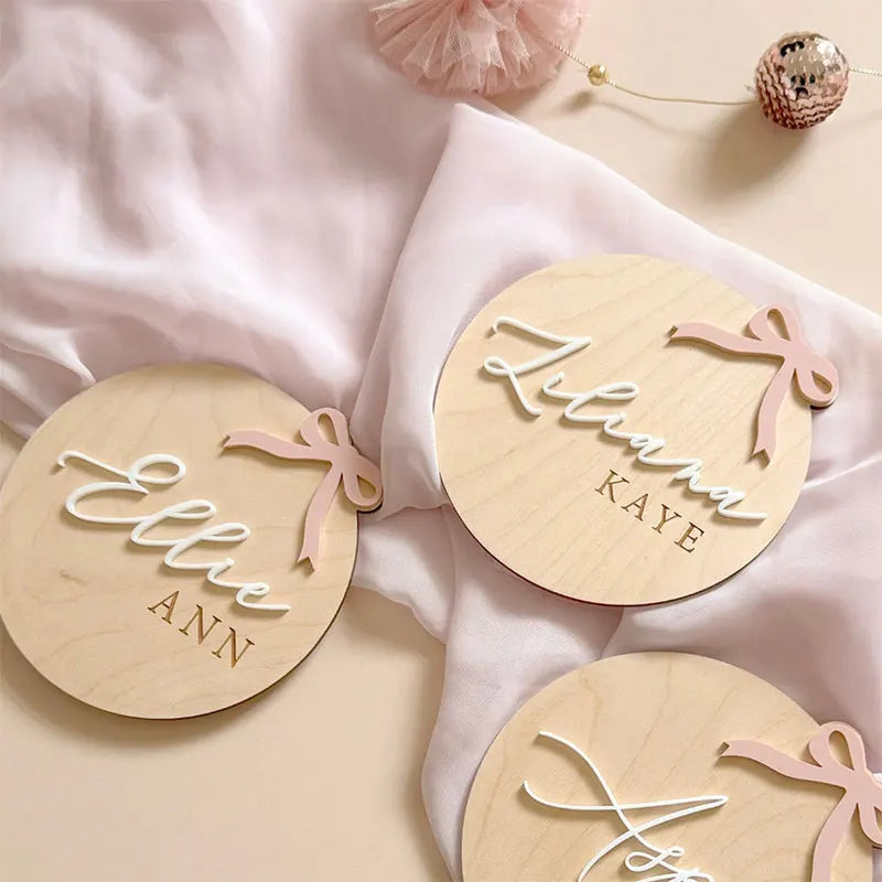 Personalized Pink Bow Baby Birth Announcement Sign Monthly Mark Girls Wooden Milestone Card Acrylic Name Newborn Photography