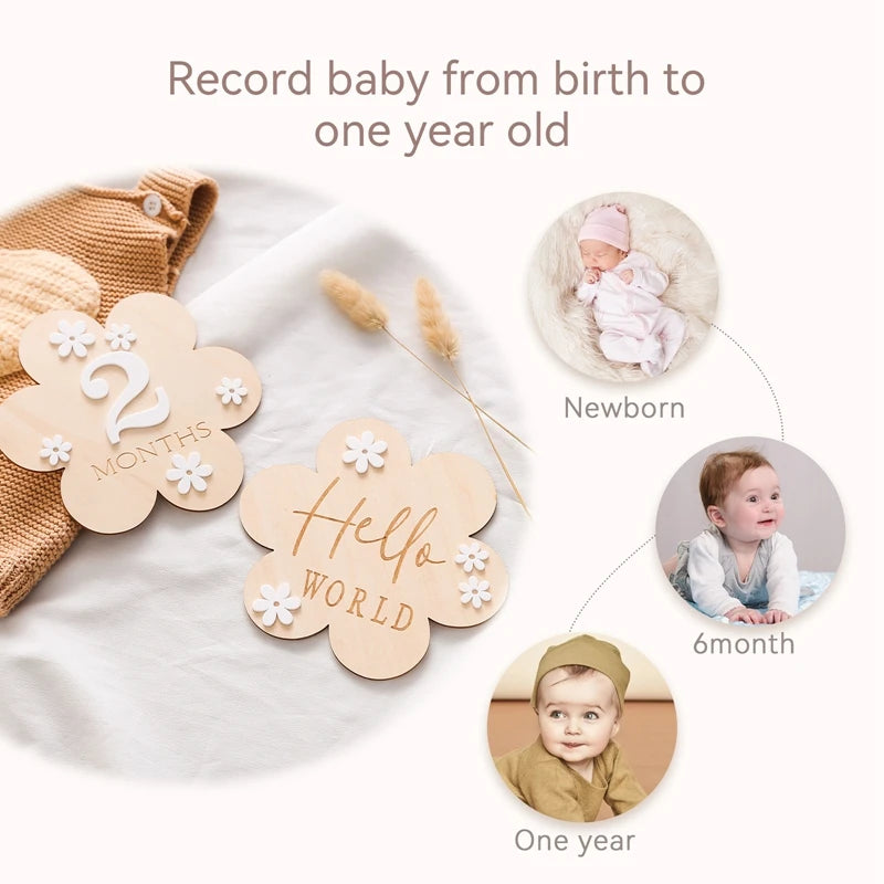 1Set Wooden Baby Month Milestone Card Flower Shape Record Card Newborn Birthday Gift Souvenir Baby Photo Photography Accessories