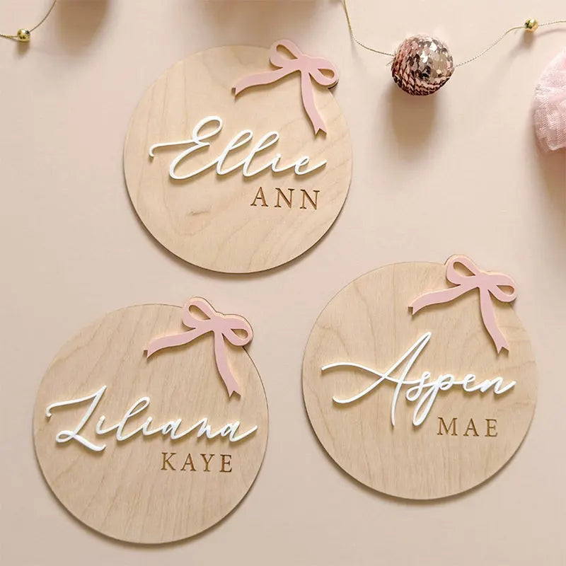 Personalized Pink Bow Baby Birth Announcement Sign Monthly Mark Girls Wooden Milestone Card Acrylic Name Newborn Photography