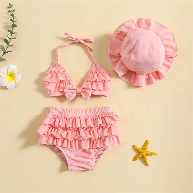 Fashion Summer Newborn Baby Girls Swimwear Bikini Set Cute Bowknot Hanging Neck Tops + Layered Ruffle Shorts + Hat Beachwear