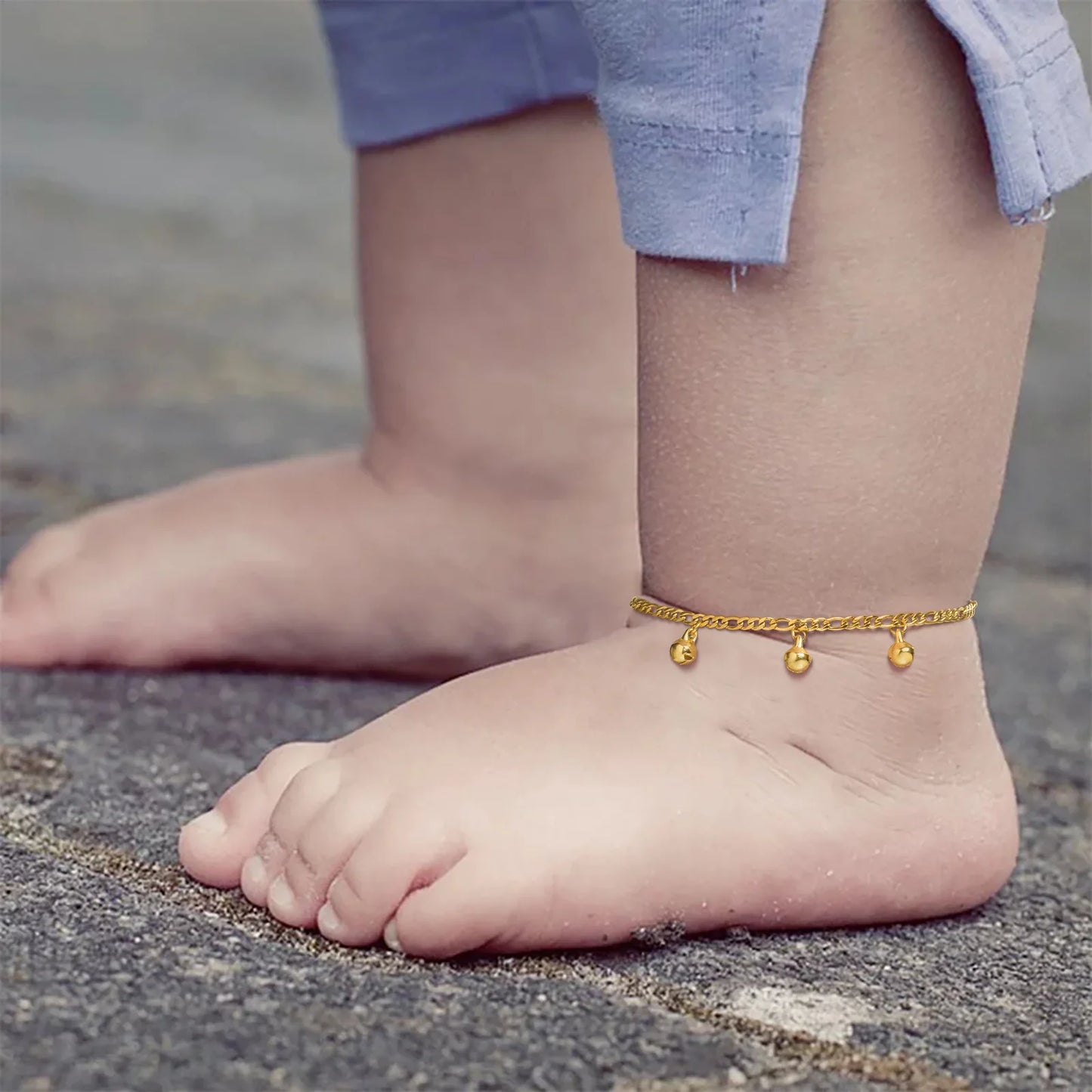 Gold Plated Baby Anklets Stainless Steel, Dainty Bell Charm Adjustable Figaro Chain Link Ankle Gift for Gilrs Boy Children Gifts