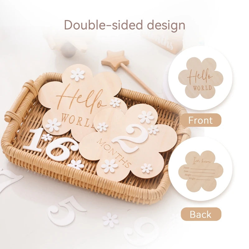 1Set Wooden Baby Month Milestone Card Flower Shape Record Card Newborn Birthday Gift Souvenir Baby Photo Photography Accessories