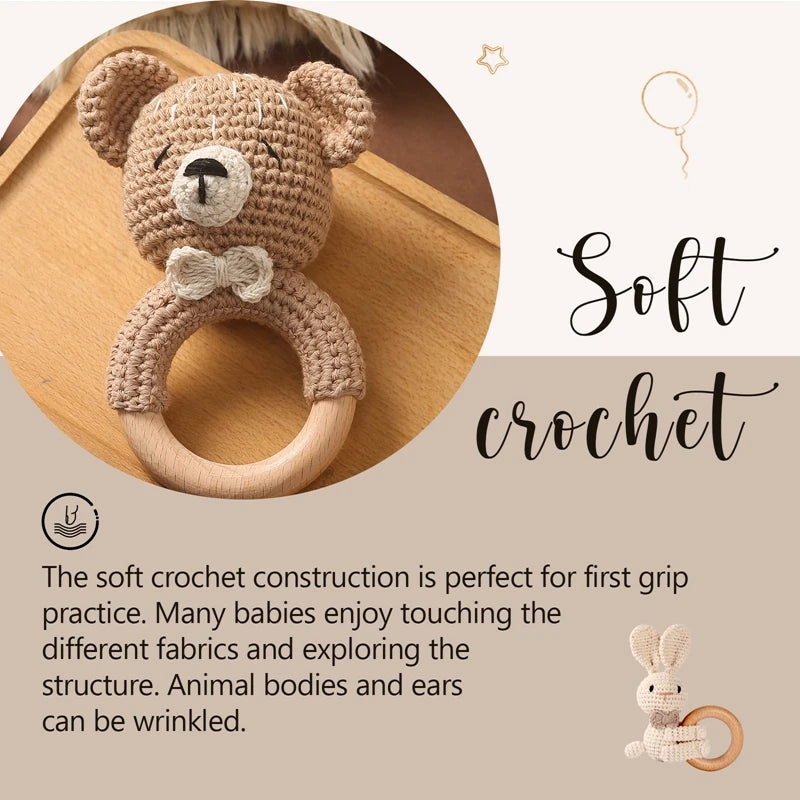 1PC Crochet Animal Bear Rattle Toy Soother Bracelet Wooden Teether Ring Baby Product Mobile Pram Crib Wooden Toys Newborn Gifts