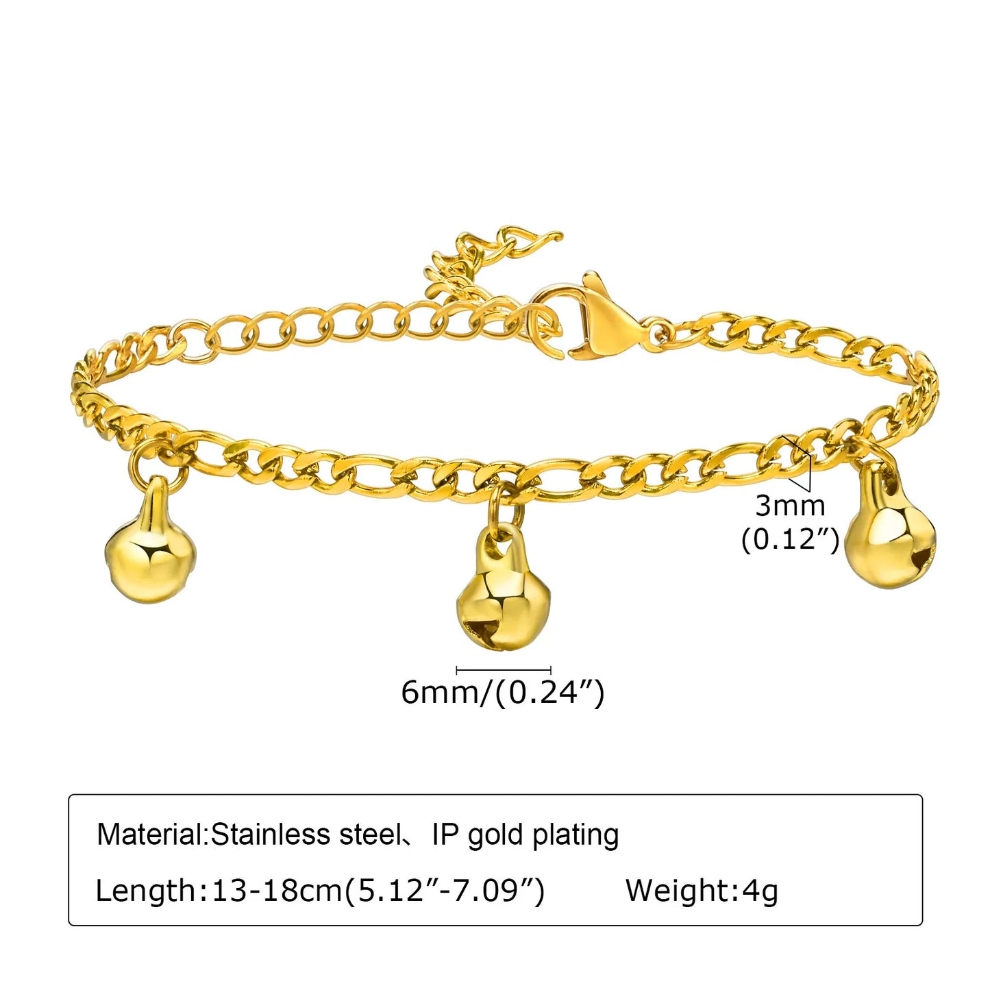 Gold Plated Baby Anklets Stainless Steel, Dainty Bell Charm Adjustable Figaro Chain Link Ankle Gift for Gilrs Boy Children Gifts