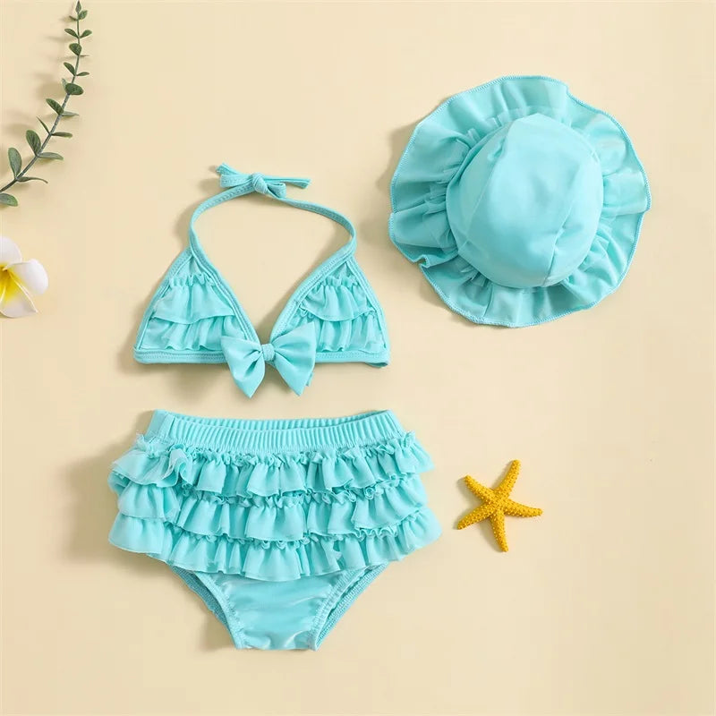 Fashion Summer Newborn Baby Girls Swimwear Bikini Set Cute Bowknot Hanging Neck Tops + Layered Ruffle Shorts + Hat Beachwear